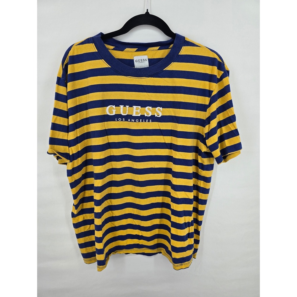 GUESS‎ Los Angeles Mens Striped T-Shirt Blue Yellow Horizontal Stripe Logo Tee M